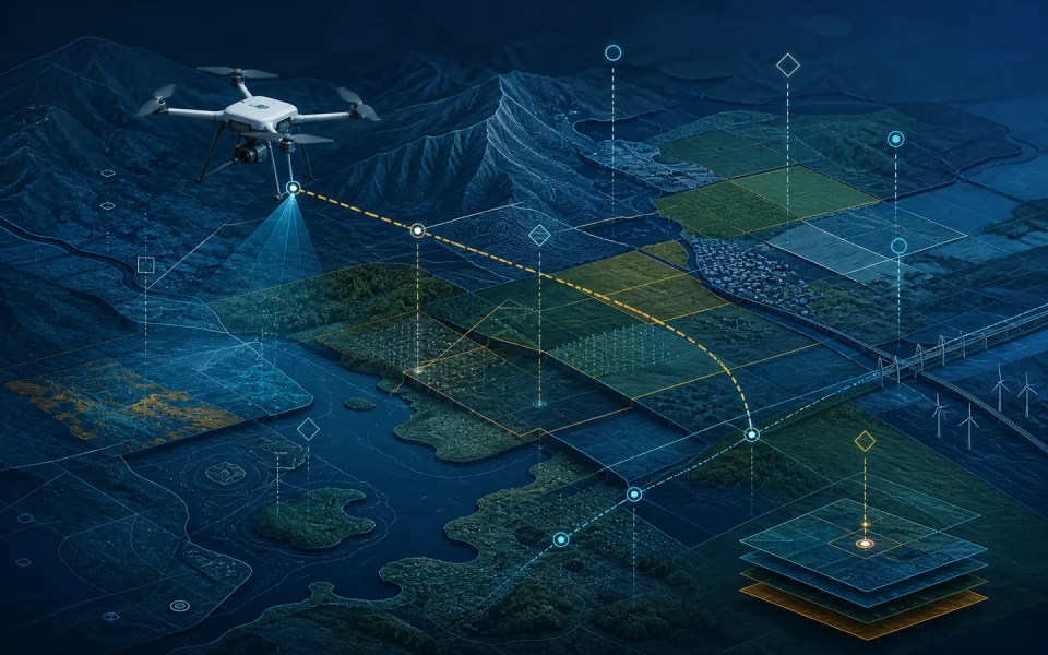 Illustration prospective d’un drone civil professionnel reliant territoire, réglementation, logiciel et décision humaine.